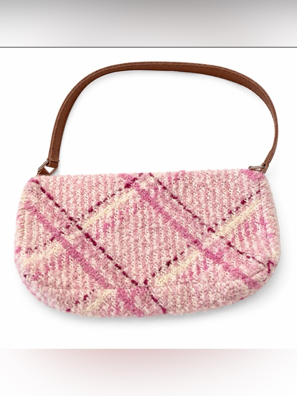 Boyne Valley Weavers Wool Blend Knit Shoulder Bag Pink Plaid Made In Ireland - Picture 6 of 7